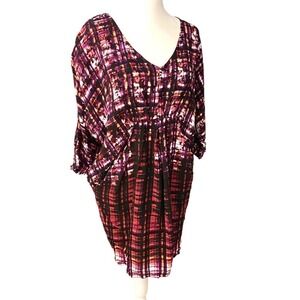 Anthro Maeve Abstract Burgundy Purple Dolman Sleeve Plaid Tunic Mini Dress Small